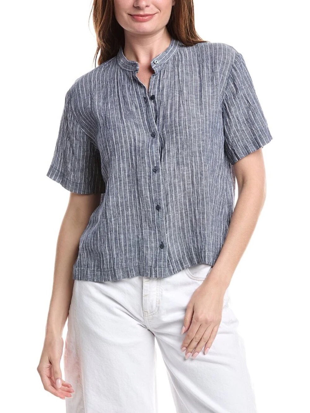 Eileen Fisher Short-Sleeve linen shirt with band collar